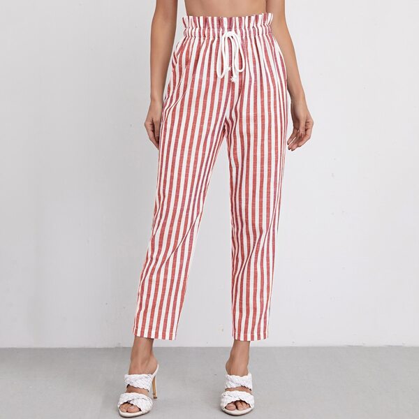 

Paperbag Waist Striped Pants, Red and white