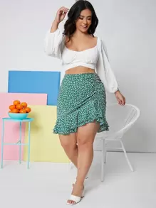 Dreamara Plus Drawstring Knot Ruched Front Ruffle Hem Ditsy Floral Skirt - Green - View 6