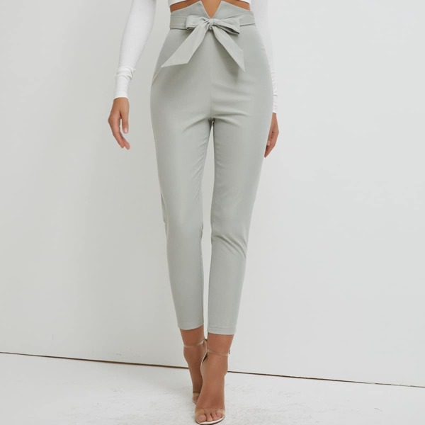 

Asymmetrical Waist Tie Front Pants, Light grey