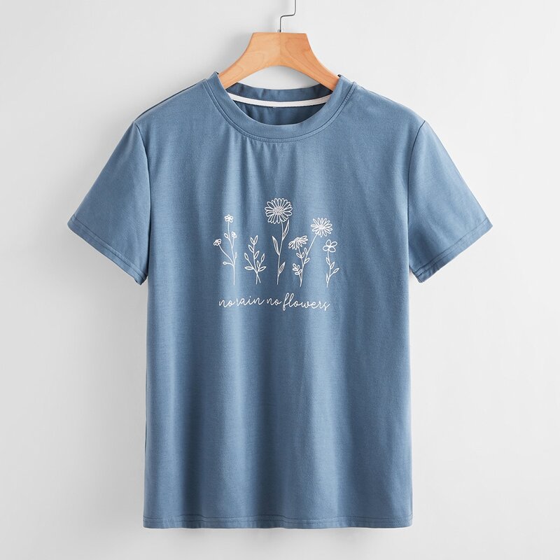 

Slogan Floral Graphic Tee, Dusty blue