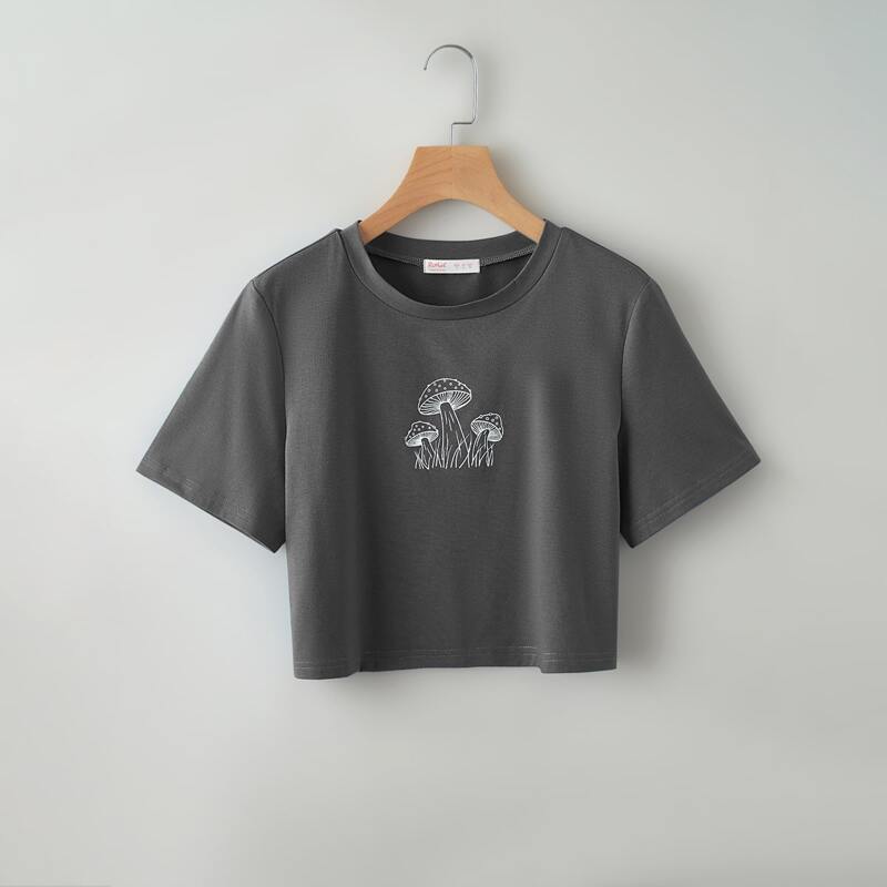 

Mushroom Graphic Crop Tee, Dark grey