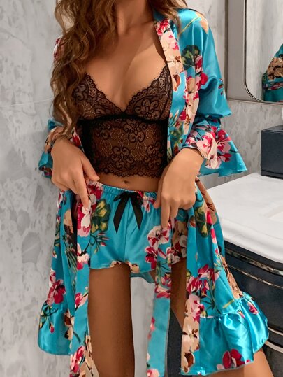 3 Packe Satin Dessous Set mit Blumen Muster & Hausmantel mit Gürtel