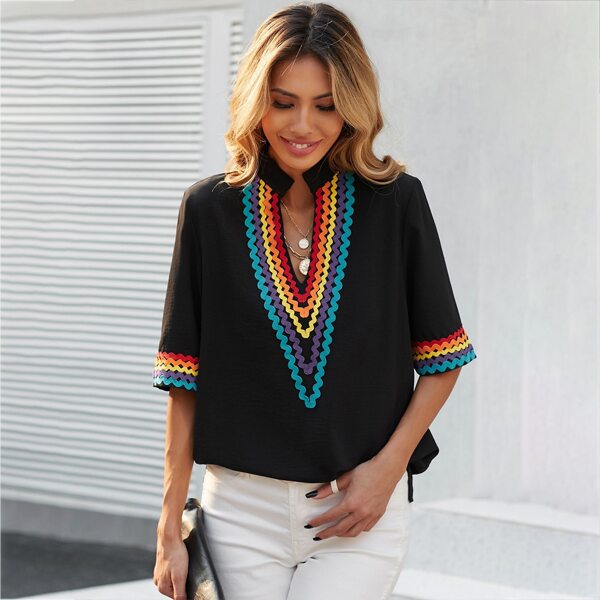 

Scallop Tape Notch Neck Blouse, Black