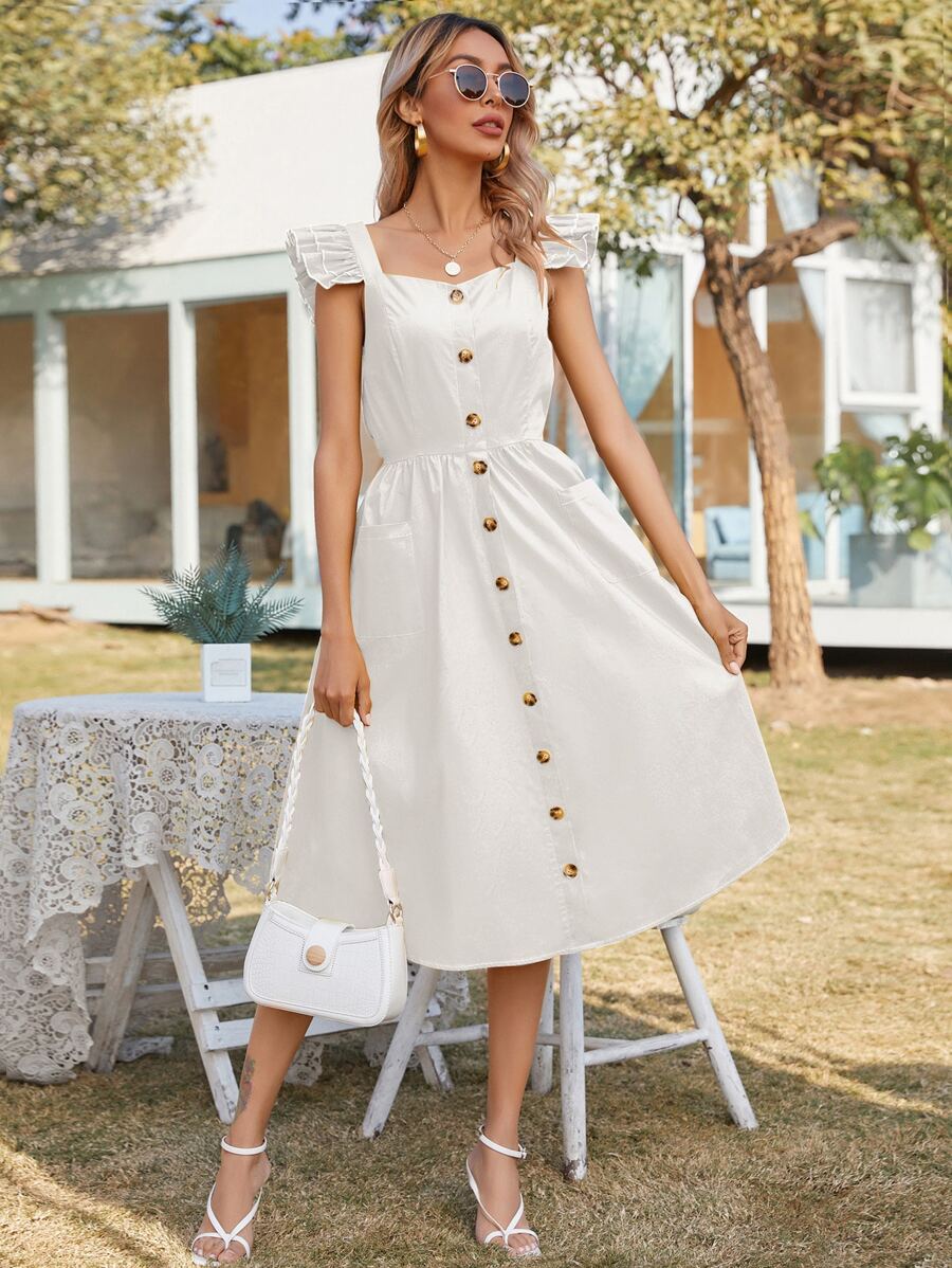 Vestido línea A ribete fruncido con bolsillo con botón delantero - Blanco - Ver 1