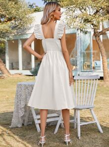 Vestido línea A ribete fruncido con bolsillo con botón delantero - Blanco - Ver 2