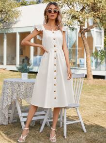 Vestido línea A ribete fruncido con bolsillo con botón delantero - Blanco - Ver 3