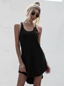 SHEIN LUNE Đầm Cao thấp màu trơn Giải trí - màu đen - Xem 3