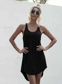 SHEIN LUNE Đầm Cao thấp màu trơn Giải trí - màu đen - Xem 4