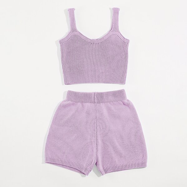 

Solid Ribbed Knit Top With Shorts, Mauve purple