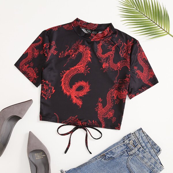 

Chinese Dragon Print Backless Tee, Multicolor