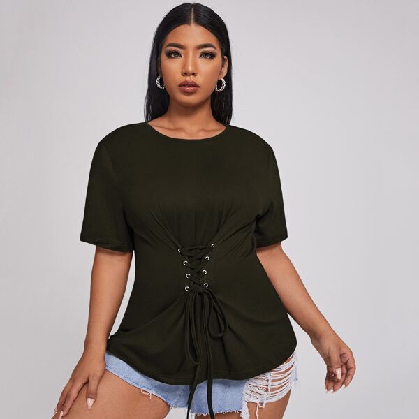 

Plus Lace Up Tie Front Tee, Army green