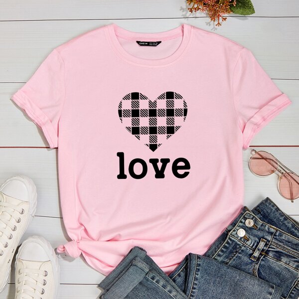 

Letter And Heart Print Tee, Baby pink