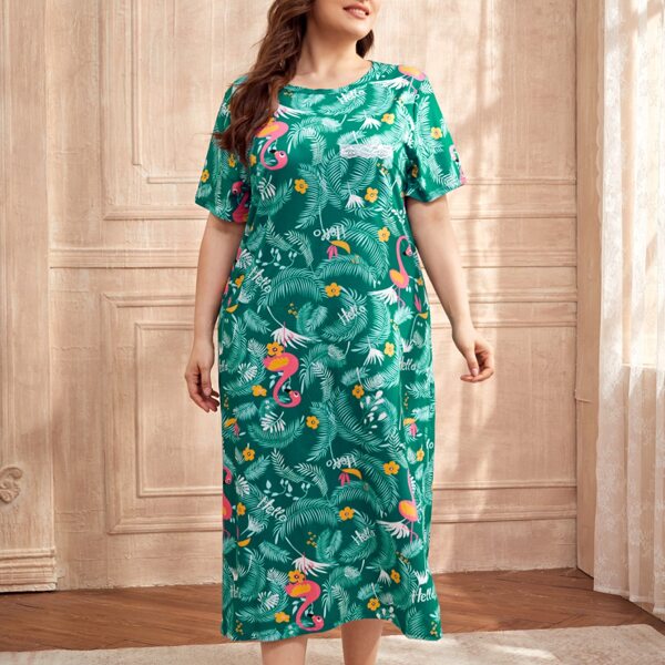 

Plus Floral & Cartoon Graphic Sleep Dress, Green