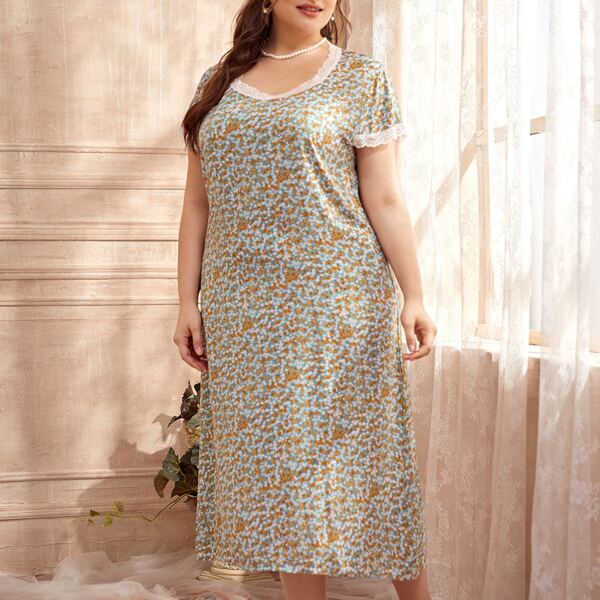 

Plus Ditsy Floral Contrast Lace Nightdress, Multicolor