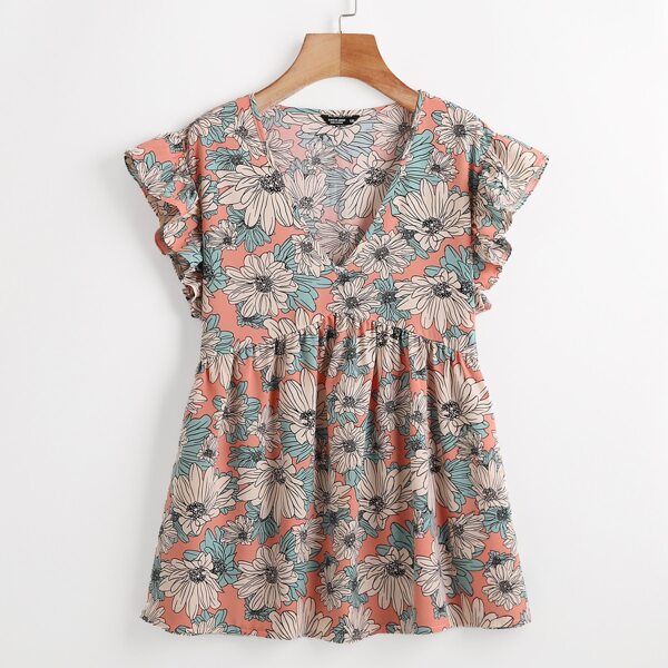 

Plus All Over Floral Print Butterfly Sleeve Peplum Blouse, Multicolor