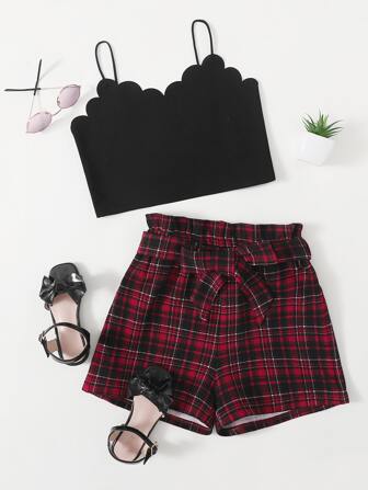 بنات بحافة صدفي صدرية كامي قصير و خصر عالي بالتجاعيد حزام ترتان طقم شورت