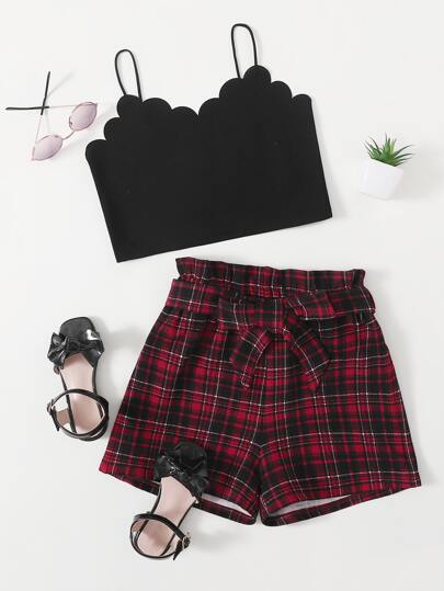 بنات بحافة صدفي صدرية كامي قصير و خصر عالي بالتجاعيد حزام ترتان طقم شورت