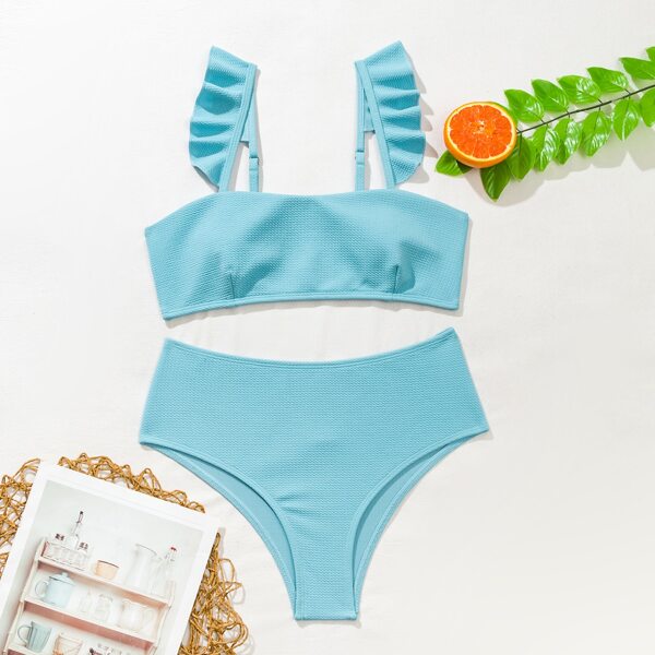 

Textured Ruffle Bikini Swimsuit, Baby blue