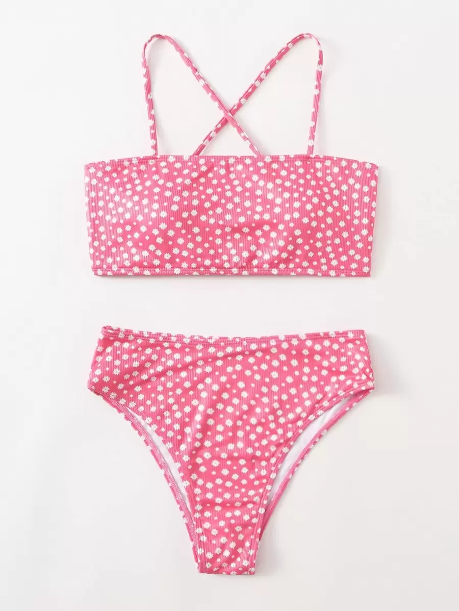 Ditsy Flower Lace Up Bikini Set - Multicolor - View 1