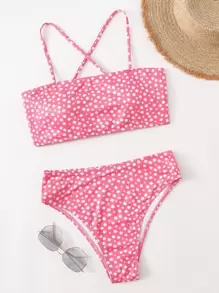 Ditsy Flower Lace Up Bikini Set - Multicolor - View 3