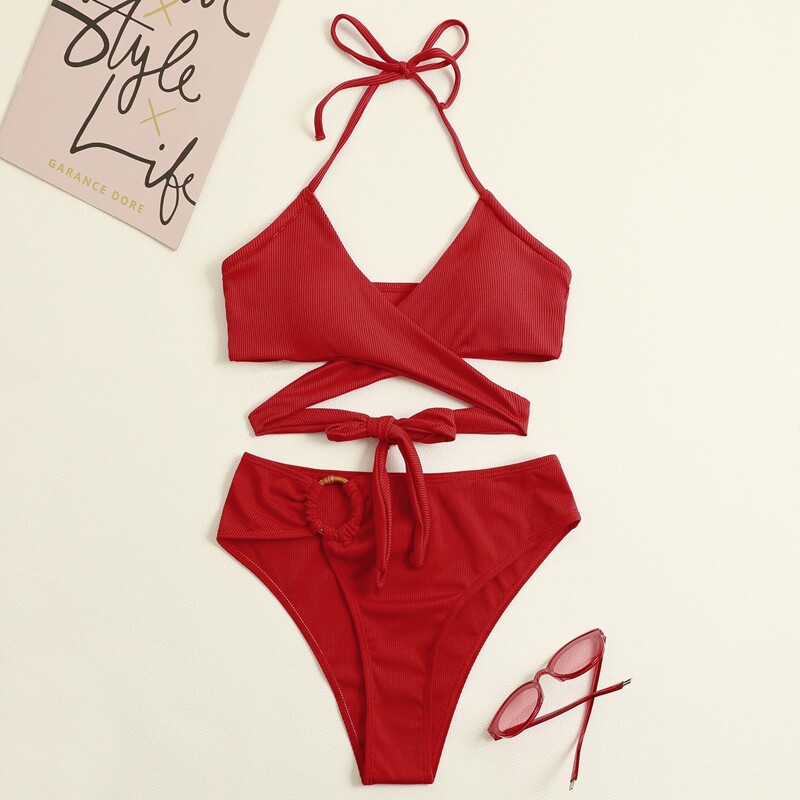 

Wrap Ring Decor Bikini Swimsuit, Red