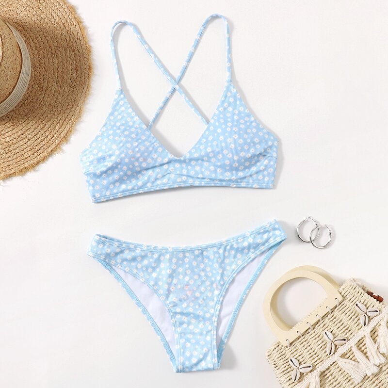 

Ditsy Flower Lace Up Bikini Swimsuit, Baby blue