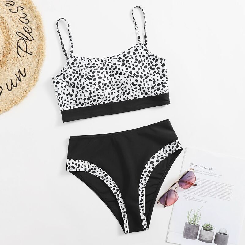 

Dalmatian High Waist Bikini Swimsuit, Black and white