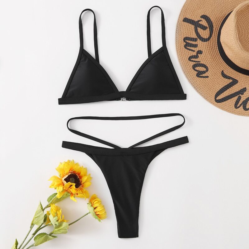 

Solid Triangle Cut Out Bikini Swimsuit, Black