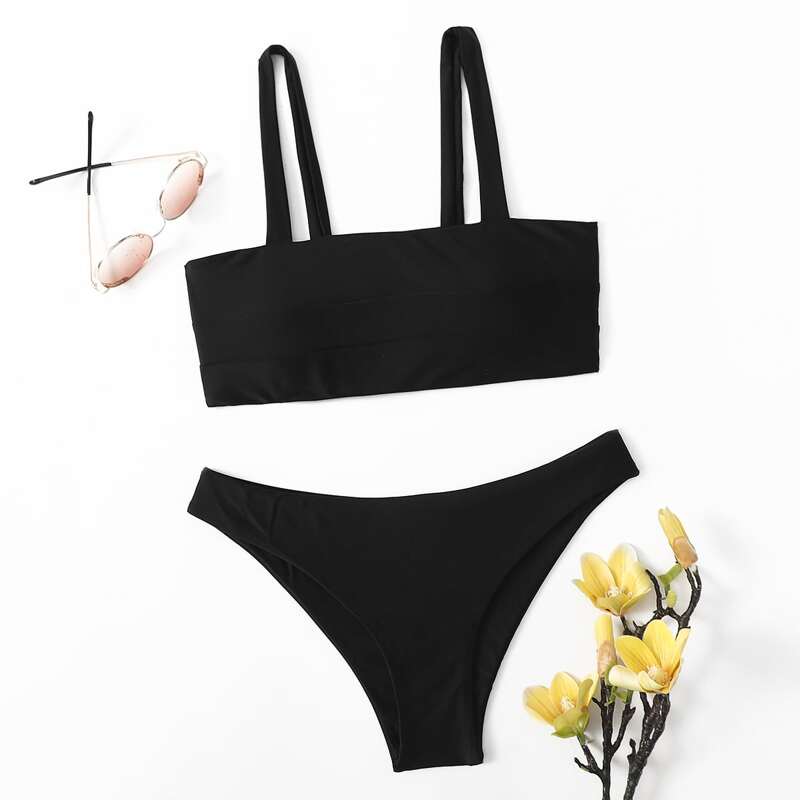 

Solid Cami Bikini Swimsuit, Black