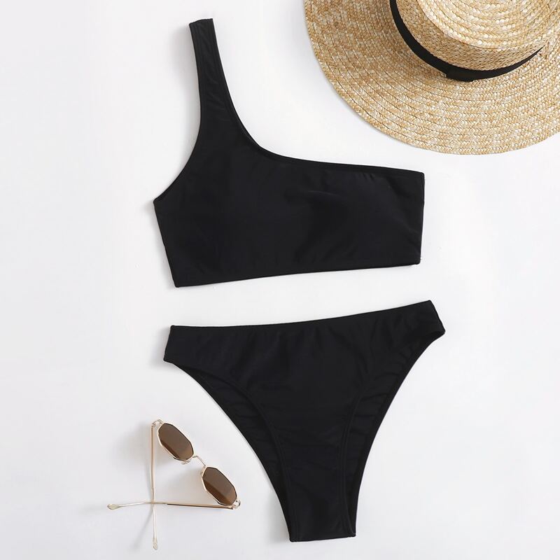 

Solid One Shoulder Bikini Swimsuit, Black