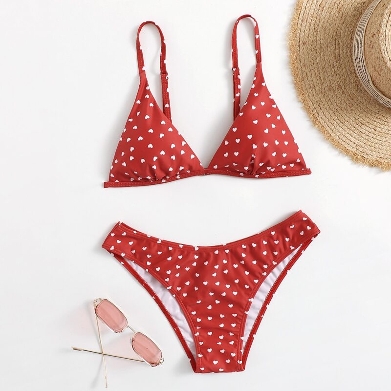 

Heart Print Triangle Bikini Swimsuit, Multicolor