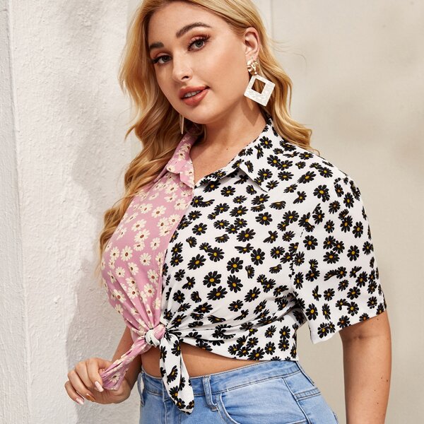

Plus Daisy Floral Spliced Blouse, Multicolor