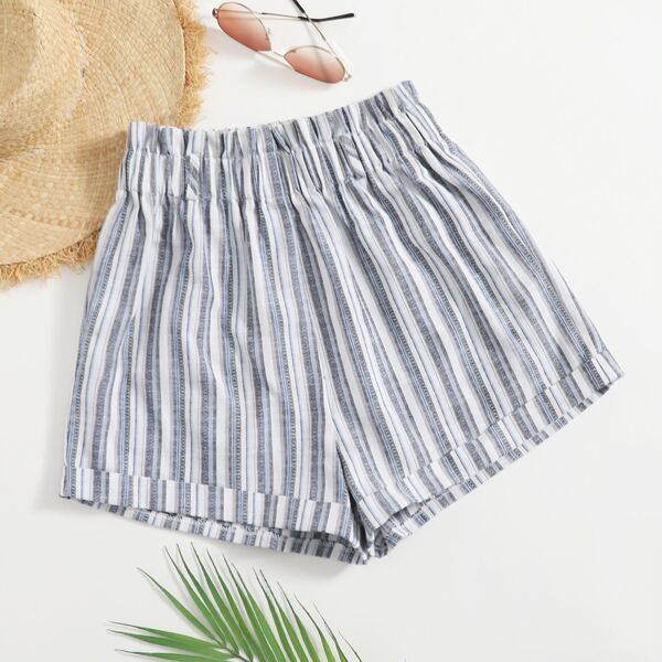 

Plus Striped Paper Bag Waist Shorts, Blue and white