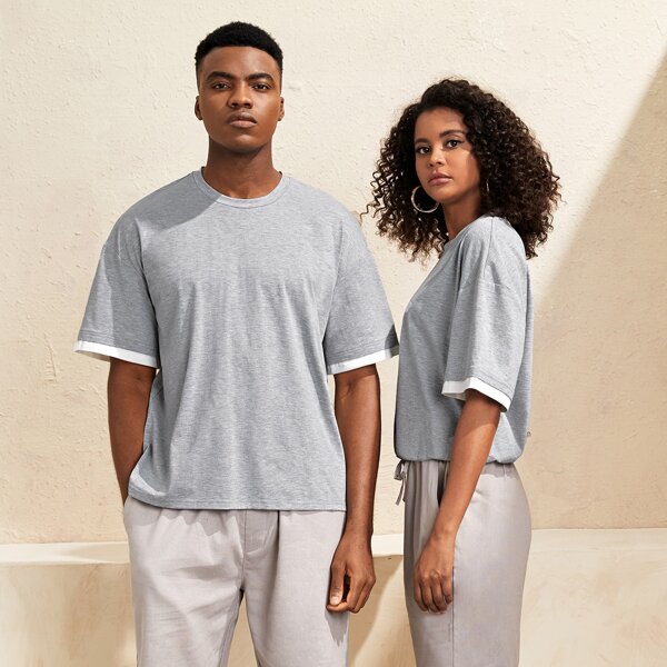 

1pc Contrast Binding Round Neck Tee, Light grey