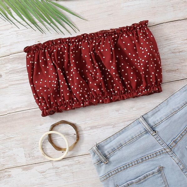 

Plus Polka Dot Frill Trim Tube Top, Burgundy