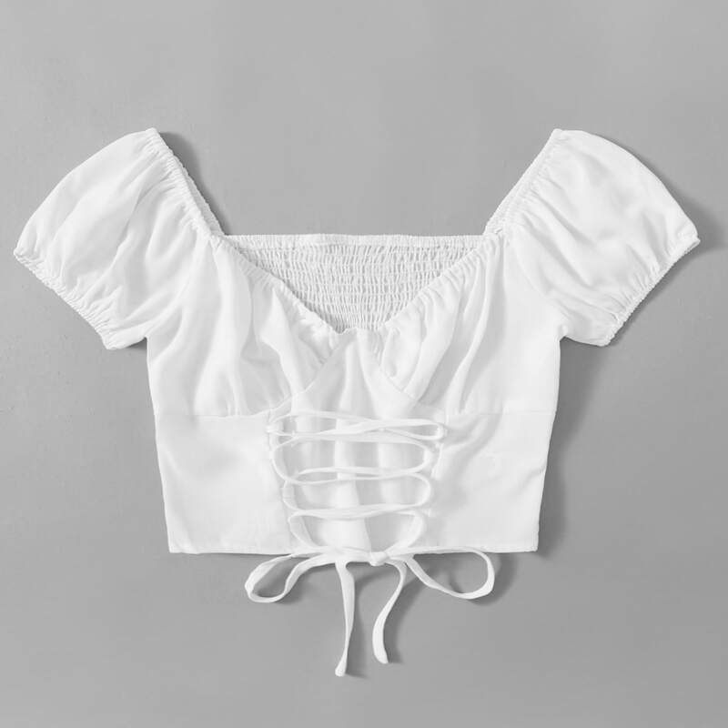 

Solid Lace Up Shirred Crop Top, White
