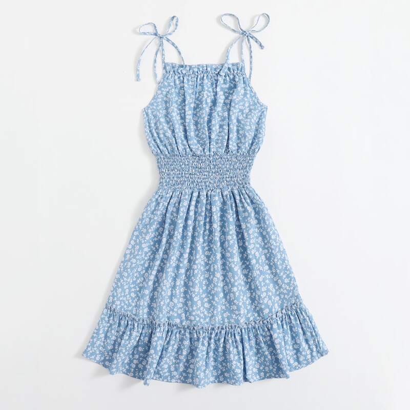 

Ditsy Floral Shirred Tie Shoulder Cami Dress, Baby blue