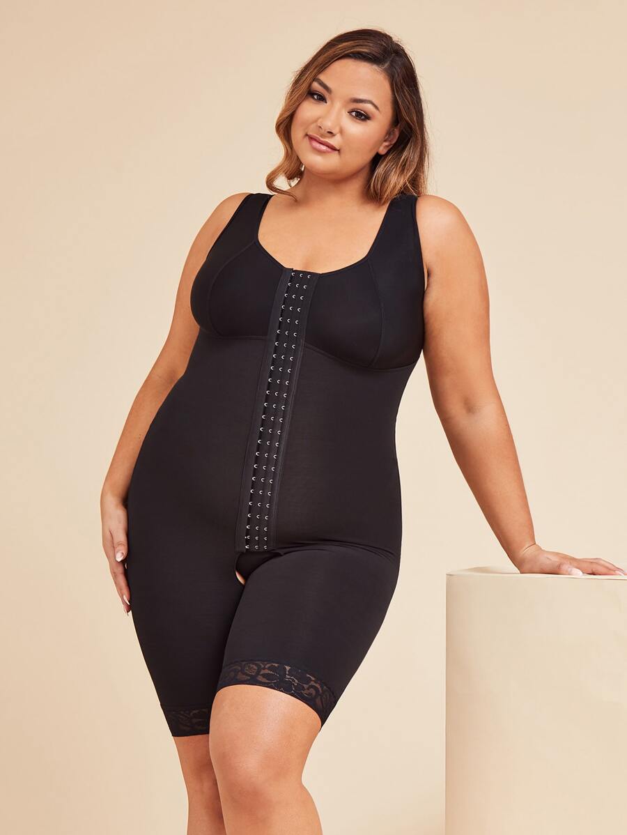 Plus Lace Trim Shapewear Romper - Black - View 1