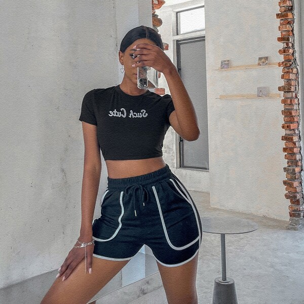 

Drawstring Waist Contrast Binding Track Shorts, Black