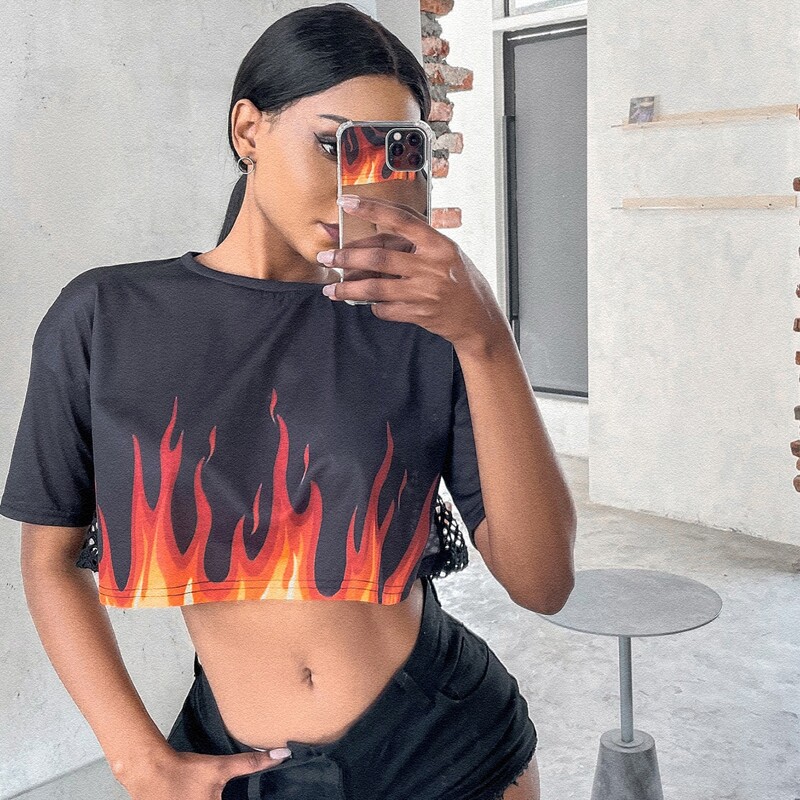 

Drop Shoulder Fire Print Crop Tee, Black