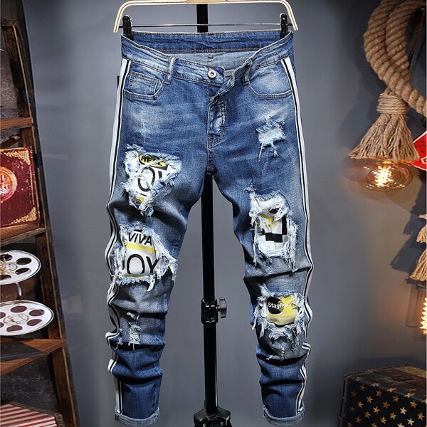 

Men Letter Graphic Ripped Jeans, Medium wash