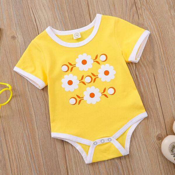 

Baby Girl Floral Contrast Binding Bodysuit, Yellow