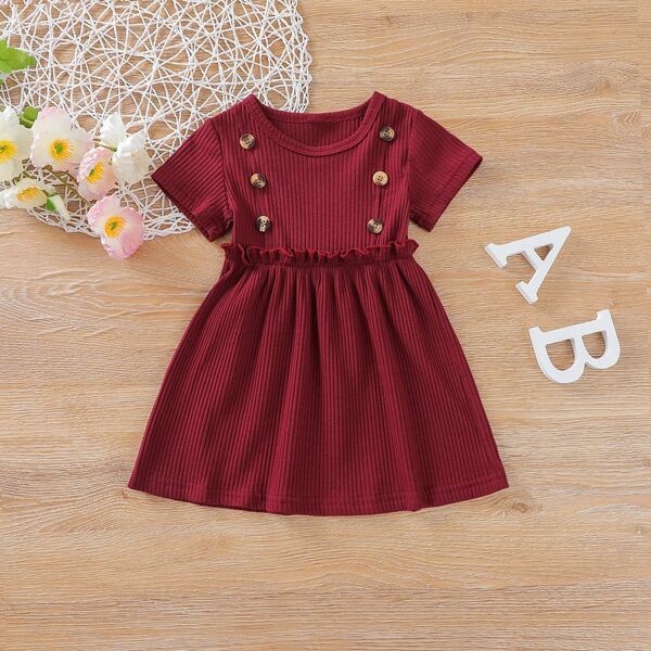 

Baby Girl Double Button Ruffle Trim Dress, Burgundy