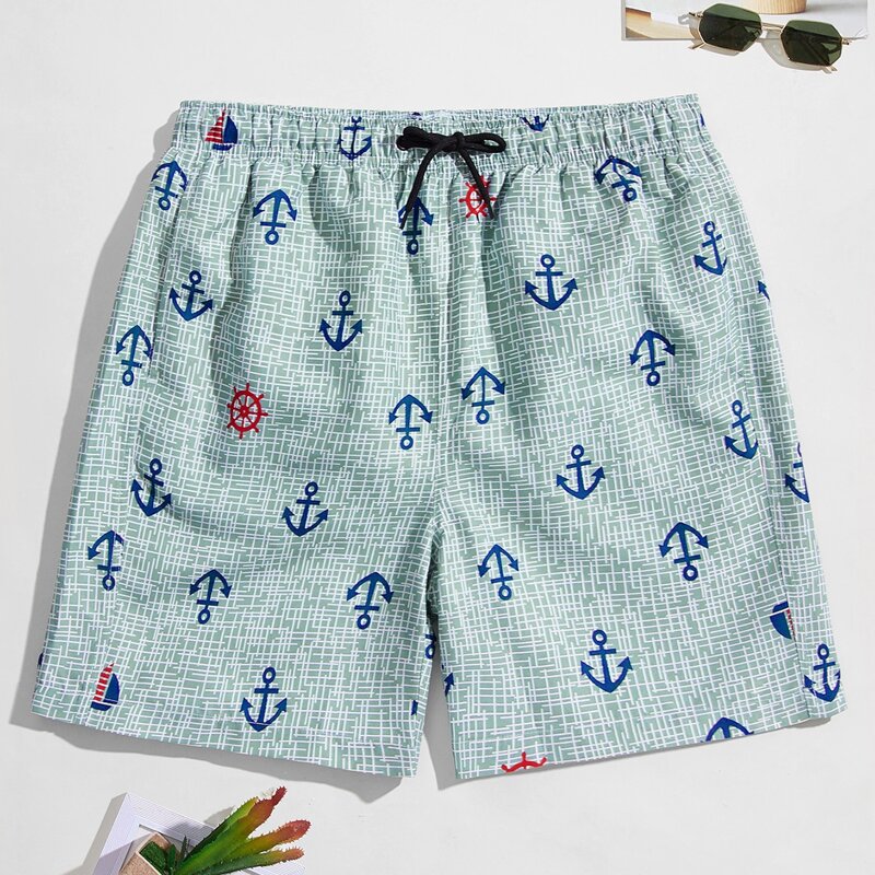 

Guys Allover Print Drawstring Swim Trunks, Mint green