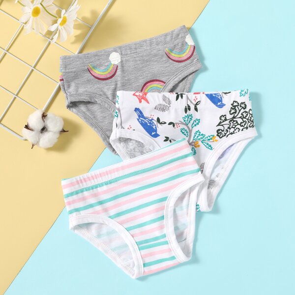 

3pcs Toddler Girls Striped And Cartoon Graphic Underwear, Multicolor