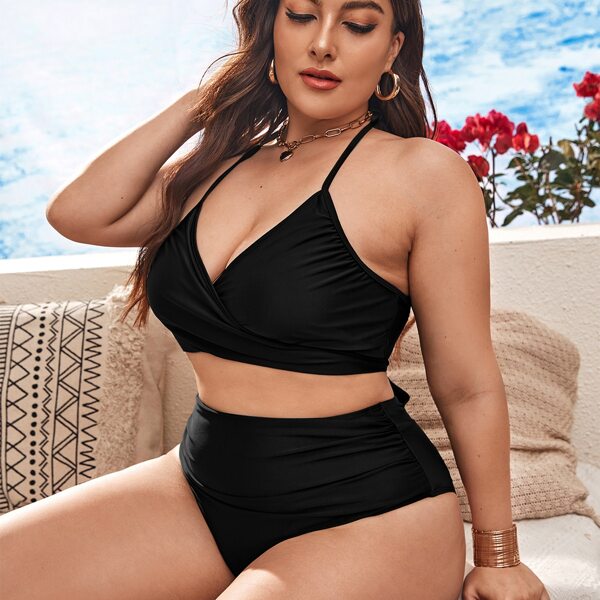 

Plus Ruched Halter Bikini Swimsuit, Black