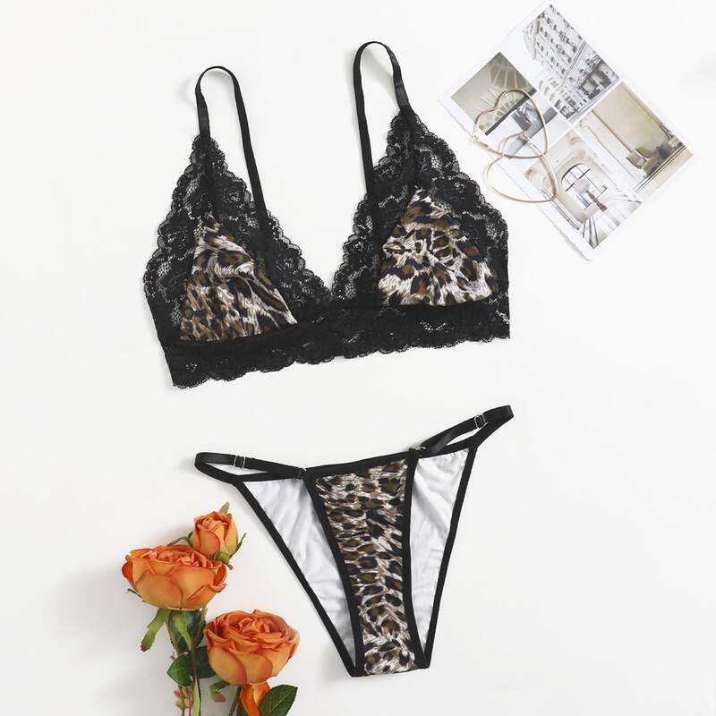 

Leopard Lace Trim Thong Bikini Swimsuit, Multicolor