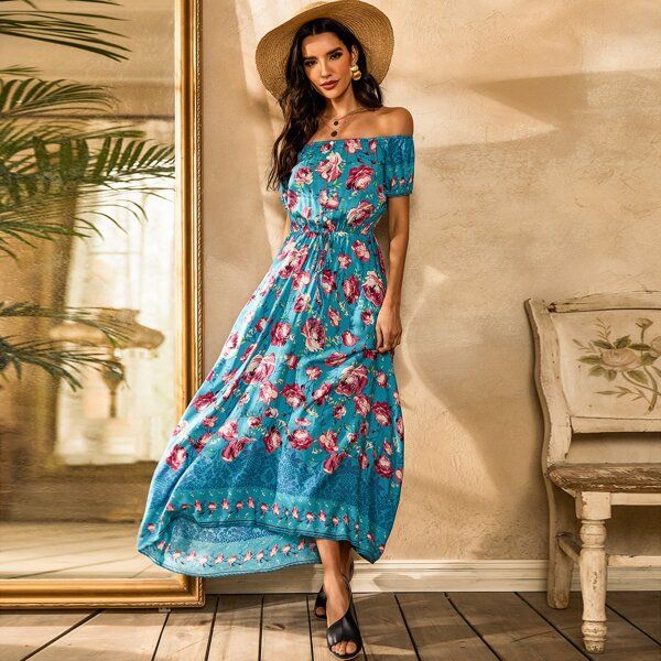 

Allover Floral Tie Front Bardot Dress, Multicolor