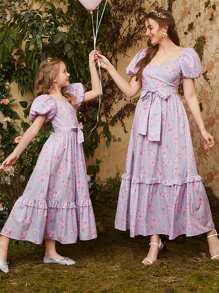 SHEIN 1入組女孩泡泡袖自腰帶花卉連衣裙 - 紫丁香色 - 查看 1