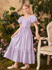 SHEIN 1入組女孩泡泡袖自腰帶花卉連衣裙 - 紫丁香色 - 查看 3